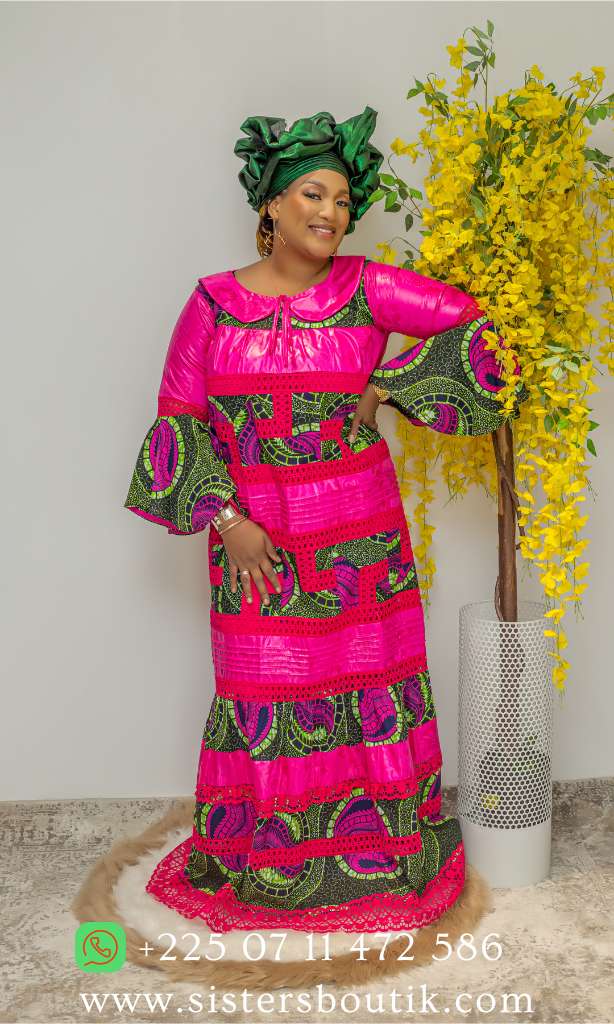 Robe en Bazin riche Gezner & Pagne Hollandais Vlisco BH001 - Rose