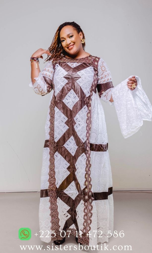 Robe en Bazin riche Gezner & Dentelle VIP BD008 - Blanc Marron