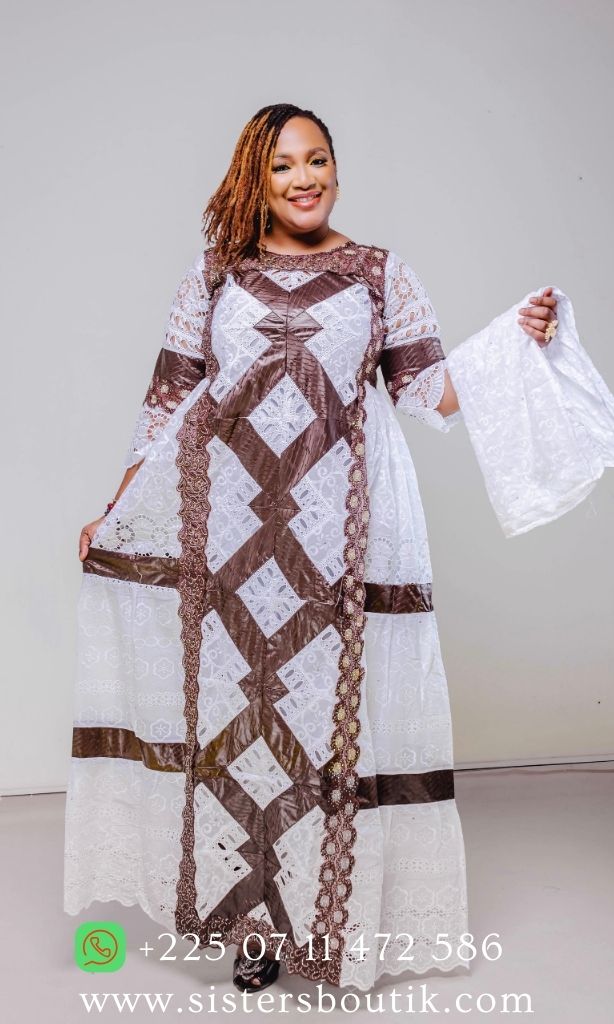 Robe en Bazin riche Gezner & Dentelle VIP BD008 - Blanc Marron