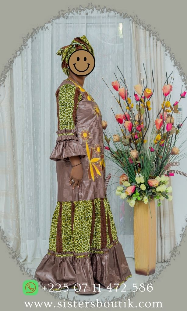 Robe brodée en Bazin riche Gezner & Pagne Hollandais Vlisco BH002 - Marron