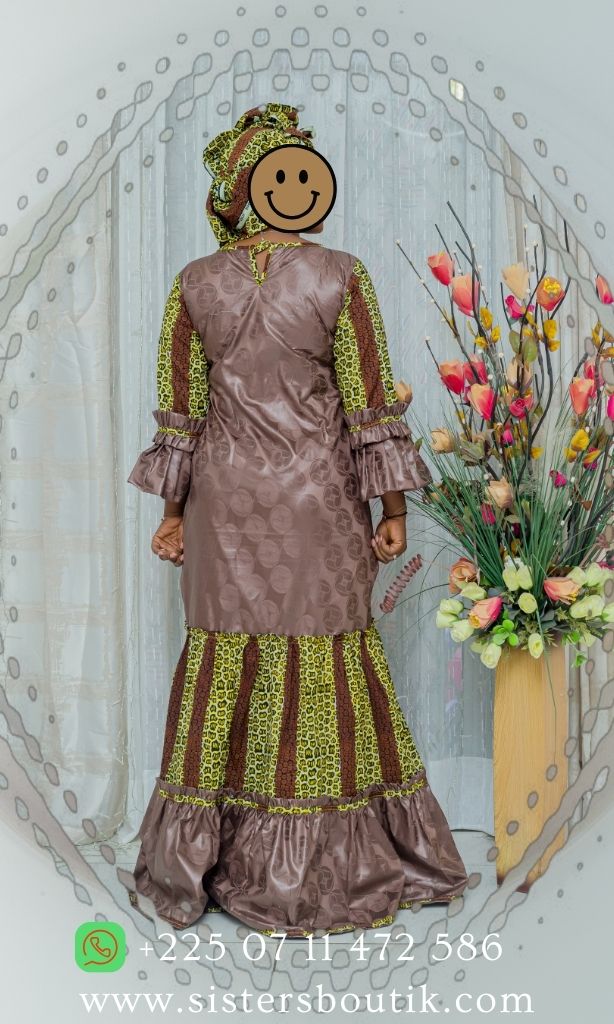 Robe brodée en Bazin riche Gezner & Pagne Hollandais Vlisco BH002 - Marron