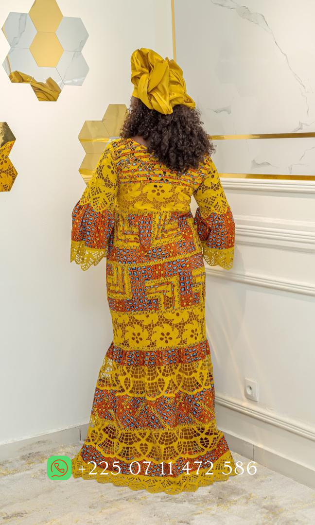 Robe en Dentelle VIP et Pagne Wax Hollandais Bobodouman - Marron DH002
