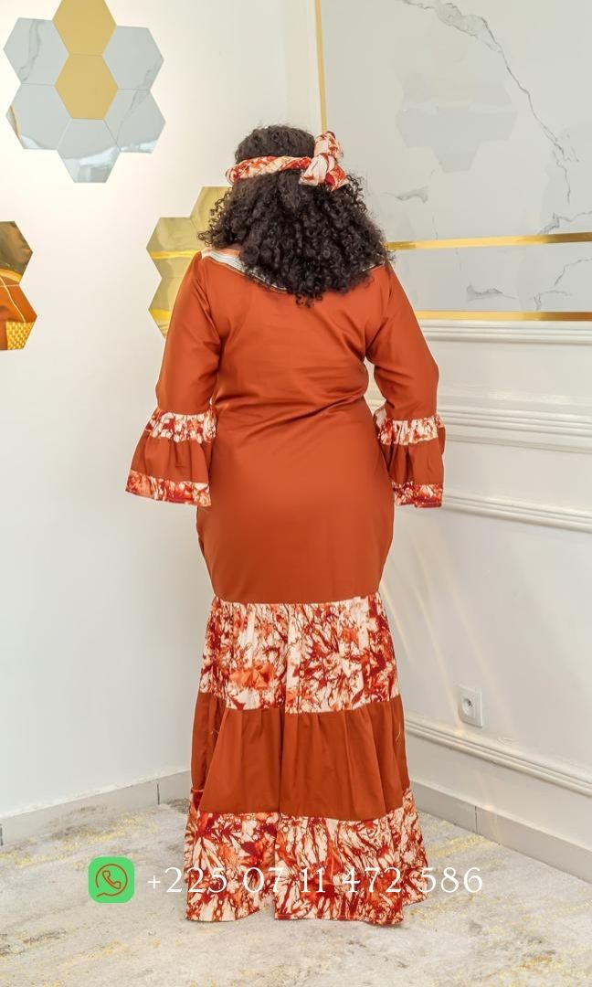 Longue Robe en pagne N'zassa et tissu Marron - 045