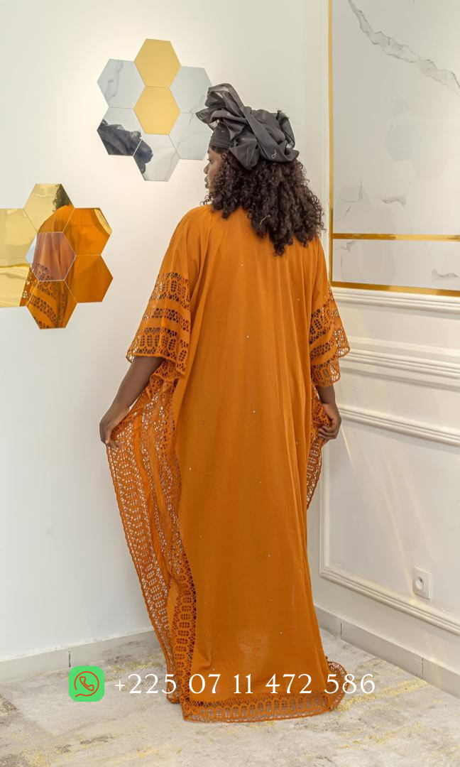 Robe Longue en Tissu et Dentelle – Raffinement et Charme - Boubou B006 Marron