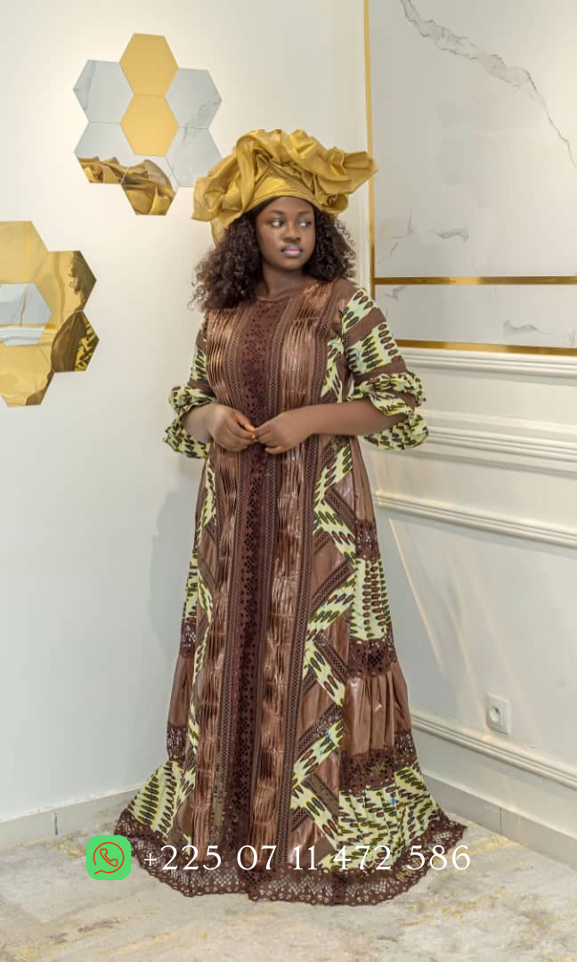 Robe en Bazin riche Gezner & Pagne Hollandais Vlisco BH005 - Marron - Les ongles de Marie Thérèse