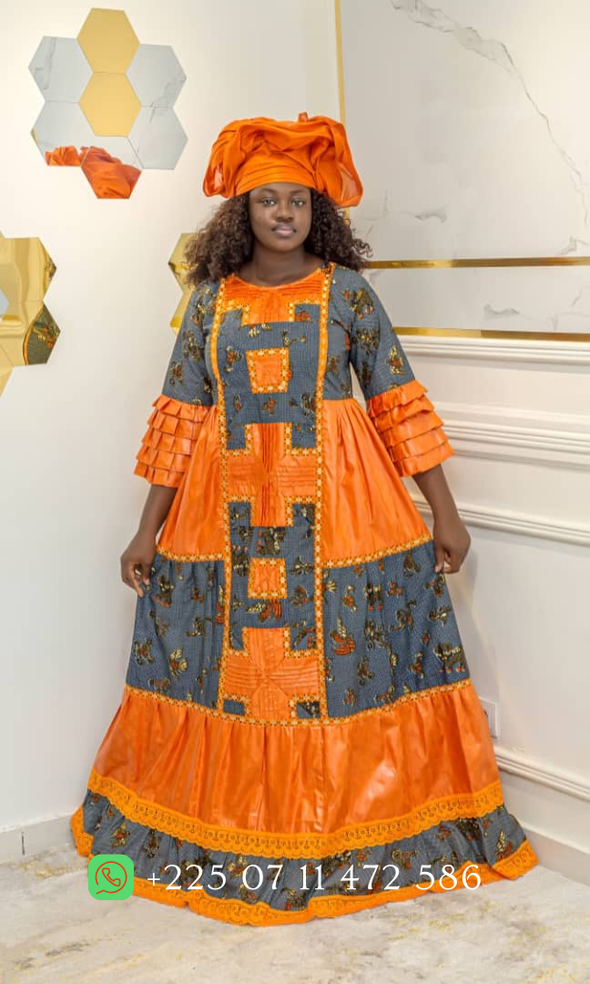 Robe en Bazin riche Gezner, Pagne Hollandais Vlisco & Dentelle BH006 - Orange - Sac à puces