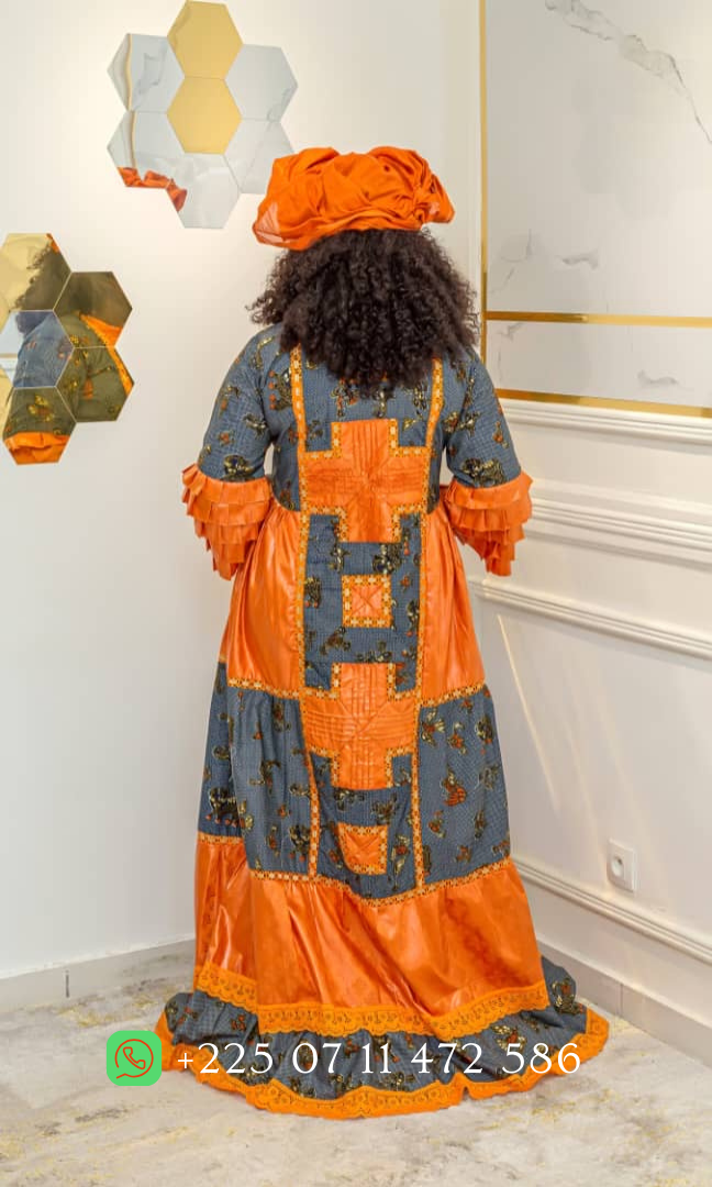 Robe en Bazin riche Gezner, Pagne Hollandais Vlisco & Dentelle BH006 - Orange - Sac à puces